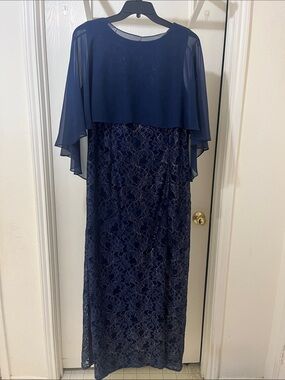 Oleg Cassini Navy Lace & Chiffon Overlay Maxi Dress